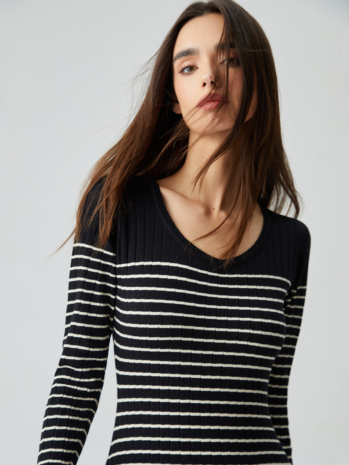 Contrast Trim Striped Crew Modern Neck Knit Sweater Dress Sweaters-L