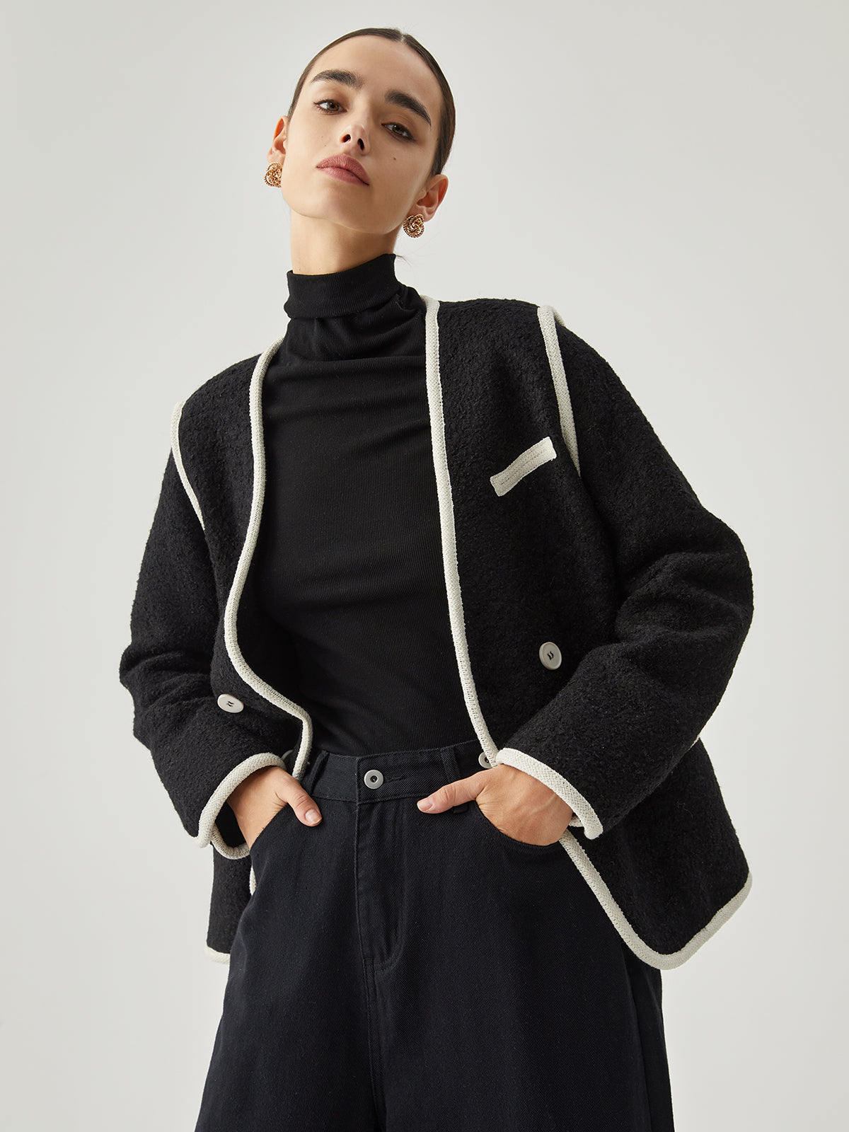 Contrast Trim Tweed Trendy Button Detail Wool Coat Coats-L