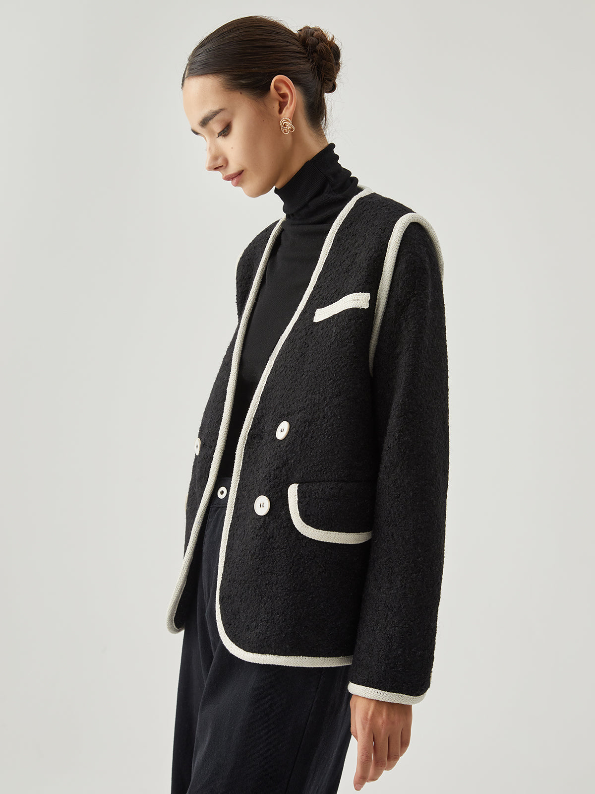 Contrast Trim Tweed Trendy Button Detail Wool Coat Coats-L