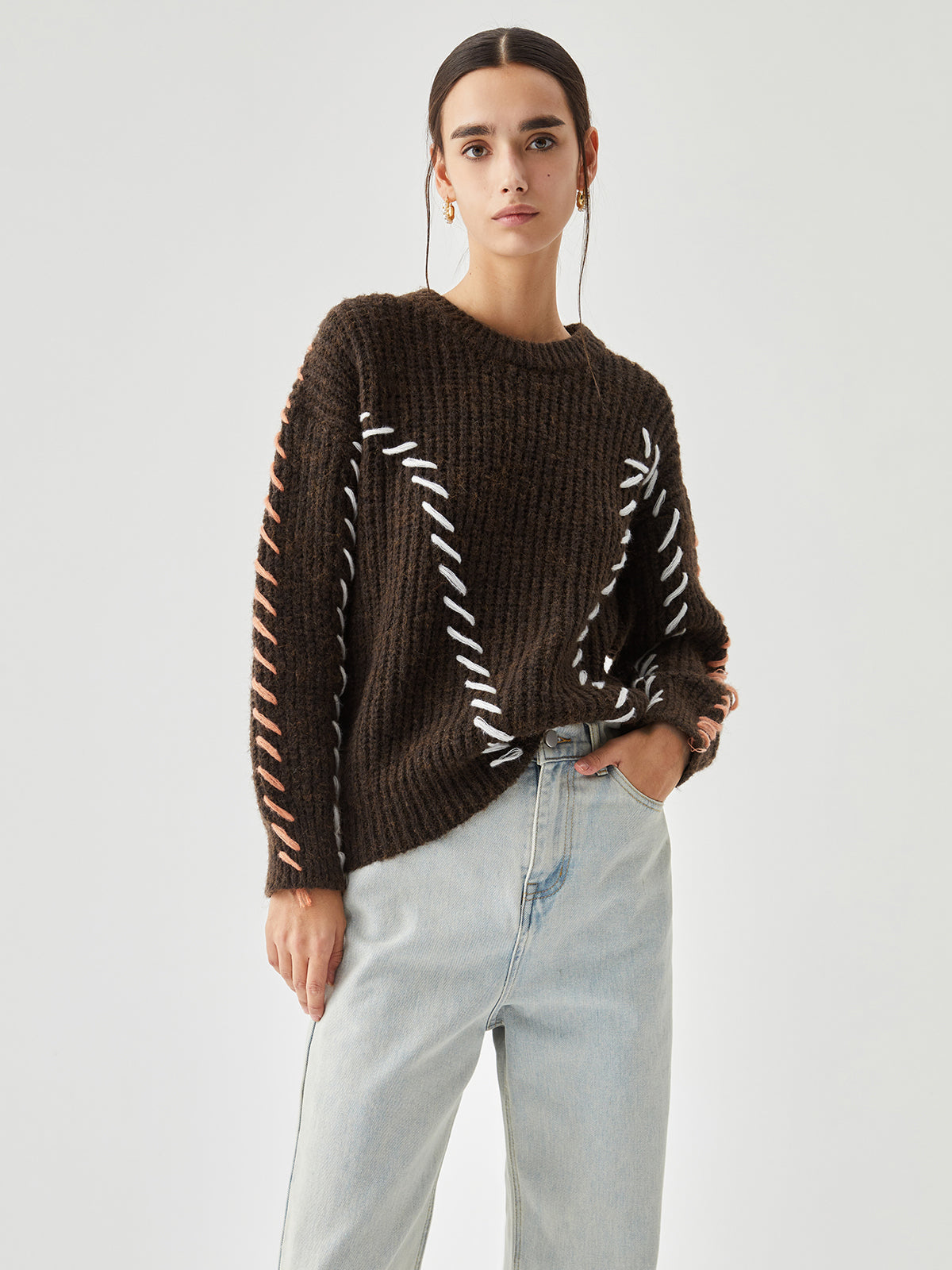 Crocheted Contrast Trim Trendy Ribbed Knit Sweater Sweaters-L