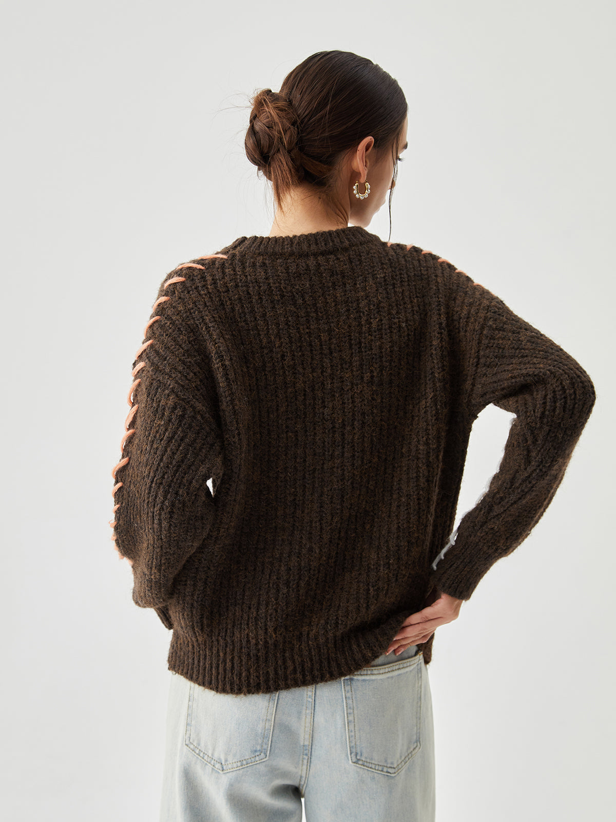 Crocheted Contrast Trim Trendy Ribbed Knit Sweater Sweaters-L