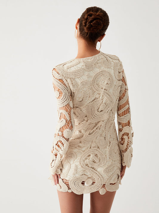 Crochet Paisley Long Trendy Sleeve Short Dress Sweaters-L