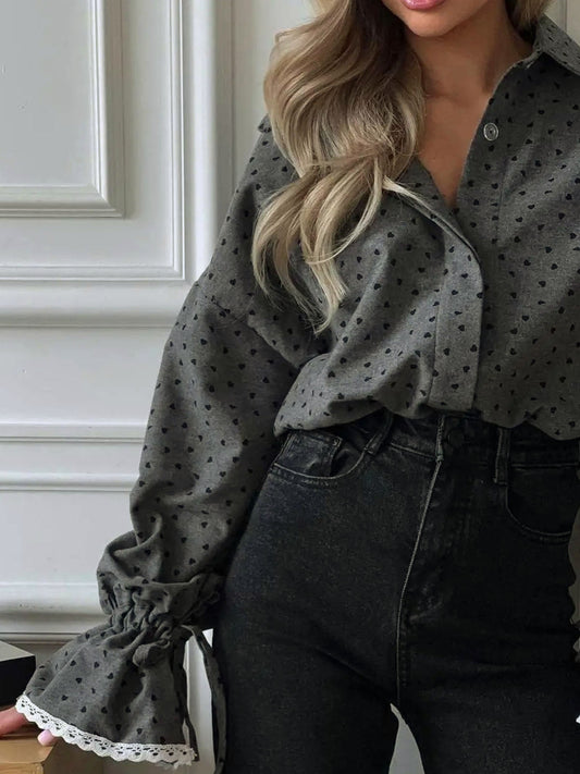 Women Heart Print Button Down Shirt Shirts