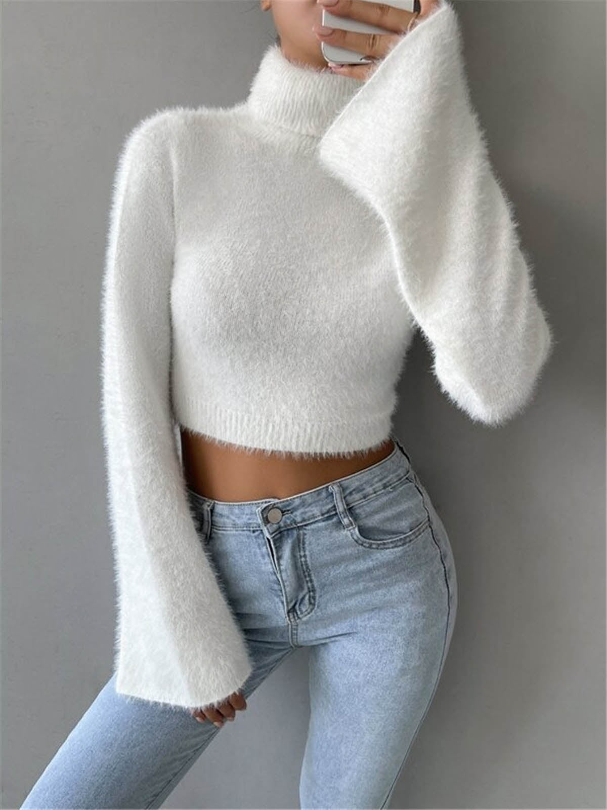 Turtleneck Fuzzy Crop Knit Top Knit Tops