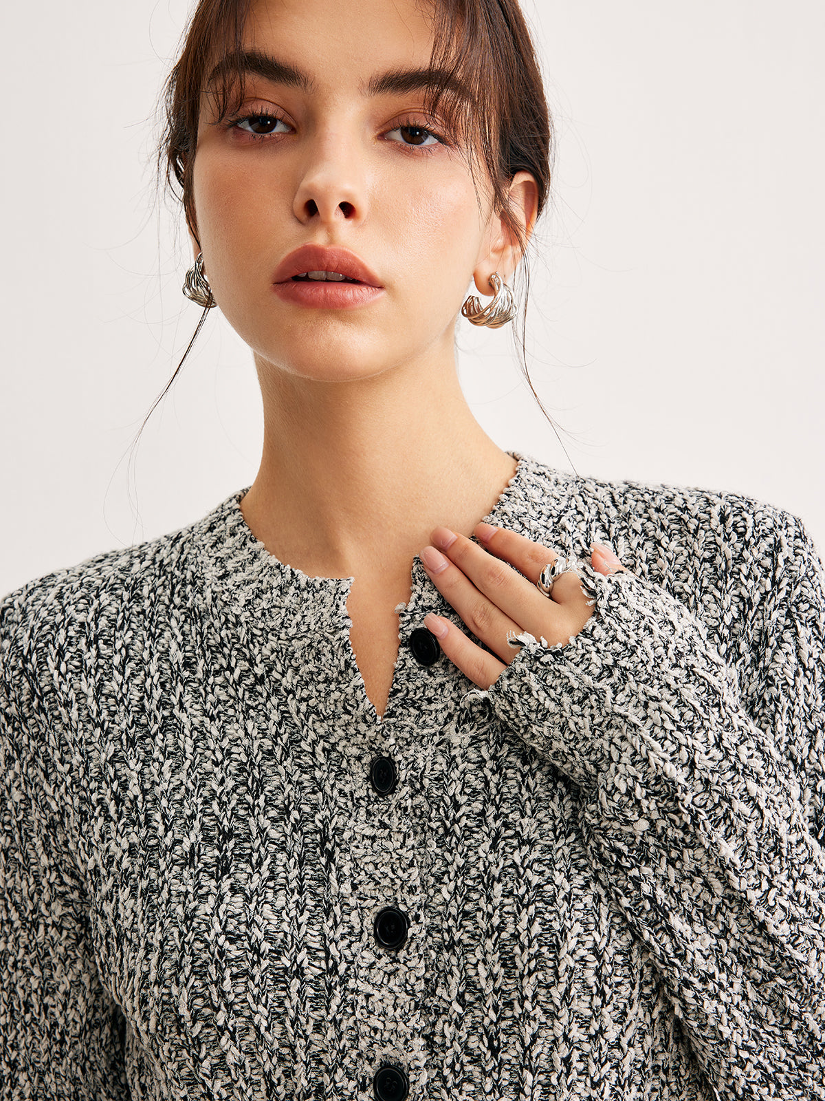 Raw Hem Button Slim Knit Top Knit Tops