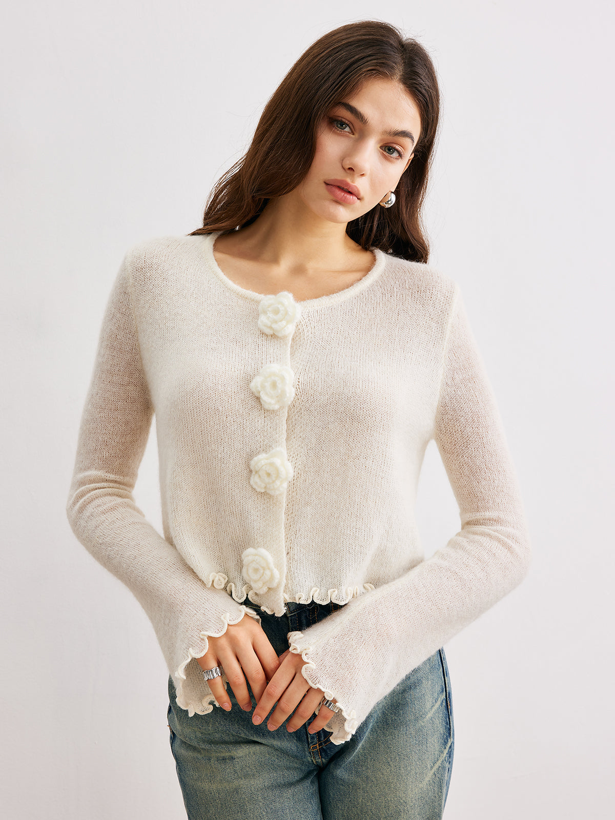 Wool Blend Lettuce Trim 3D Flower Cardigan Cardigans