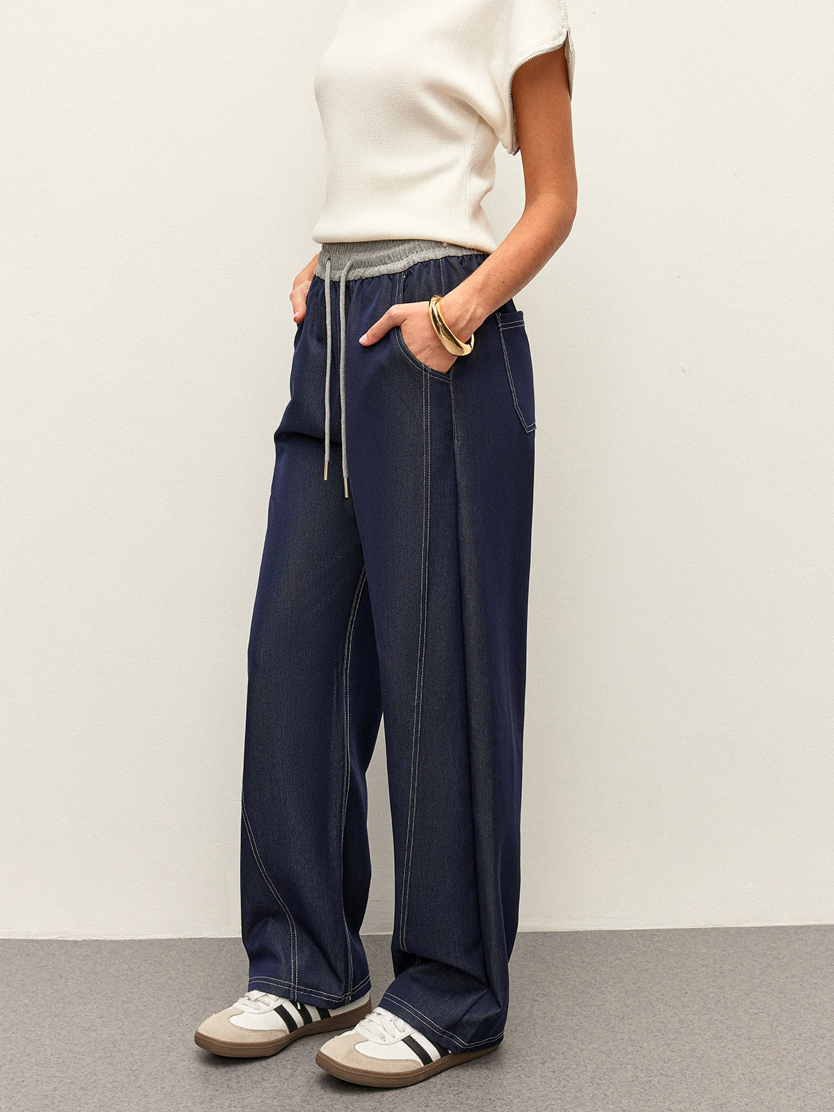 High Waist Drawstring Denim Pants With Pockets Pants