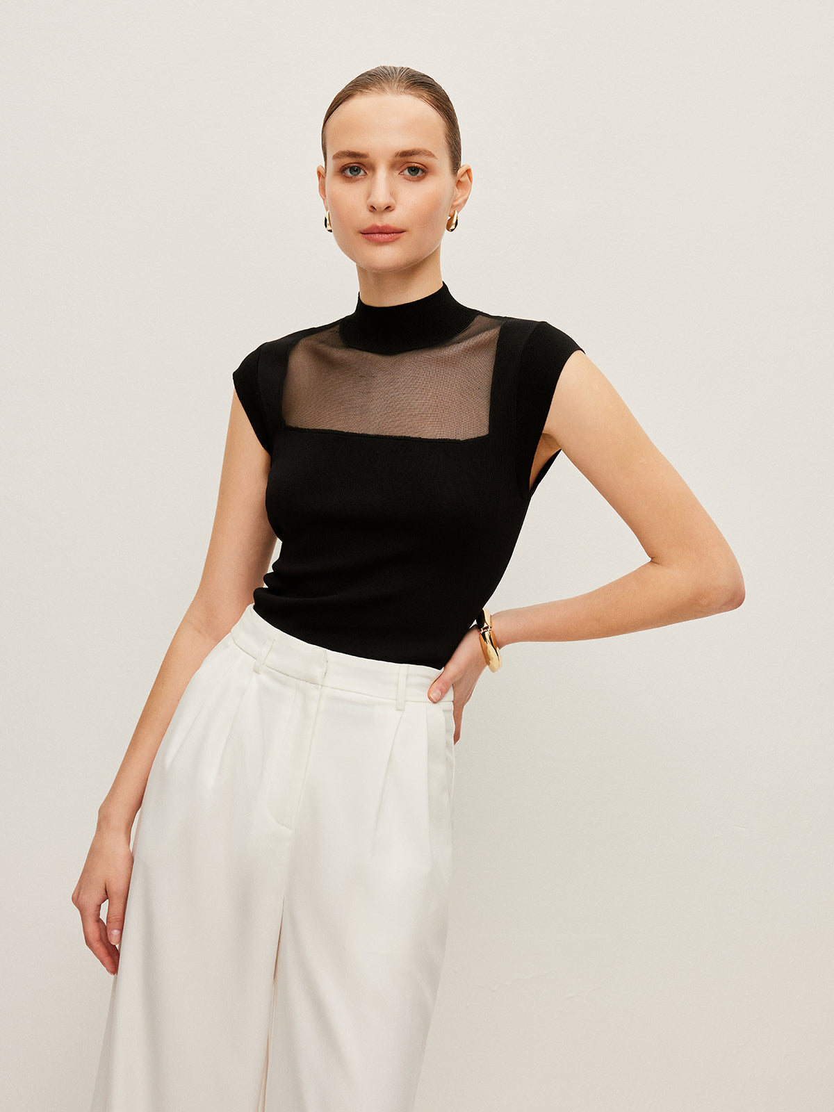 Mesh Panel Mock Neck Top Sweater Vests