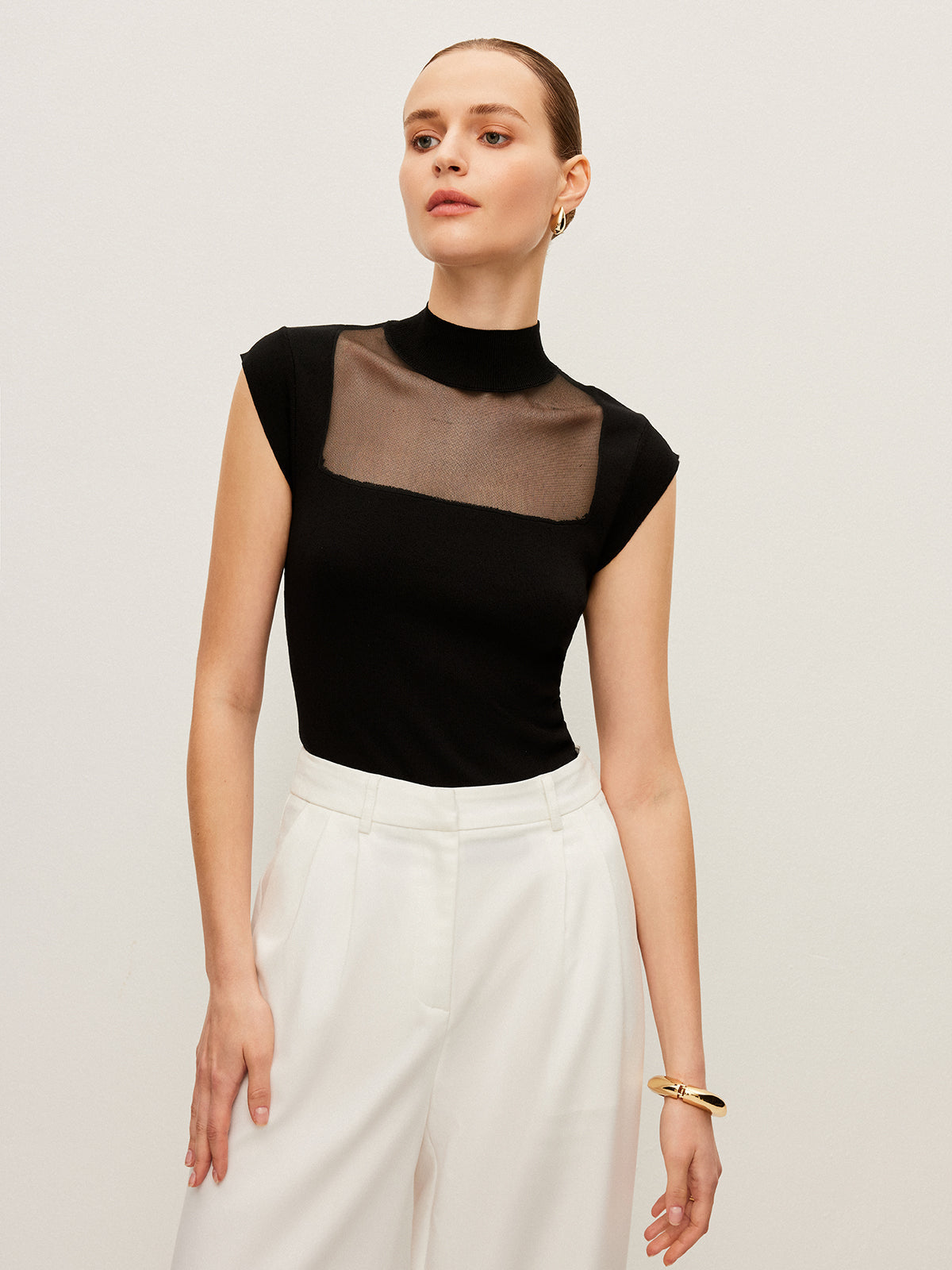 Mesh Panel Mock Neck Top Black / XS Sweater Vests