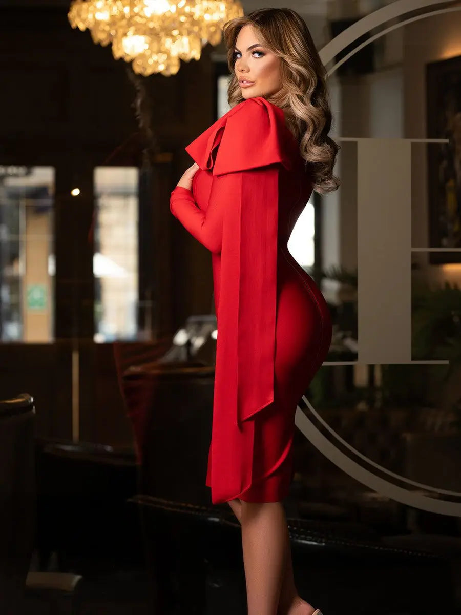 Red Asymmetrical Bandage Evening Dress With Ruffle Split - Bodycon Christmas Party Dresses-L