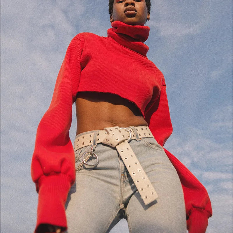 Trendy Casual Loose Sexy Fashionable Solid Turtleneck Long Sleeve Knit Crop Christmas Sweater