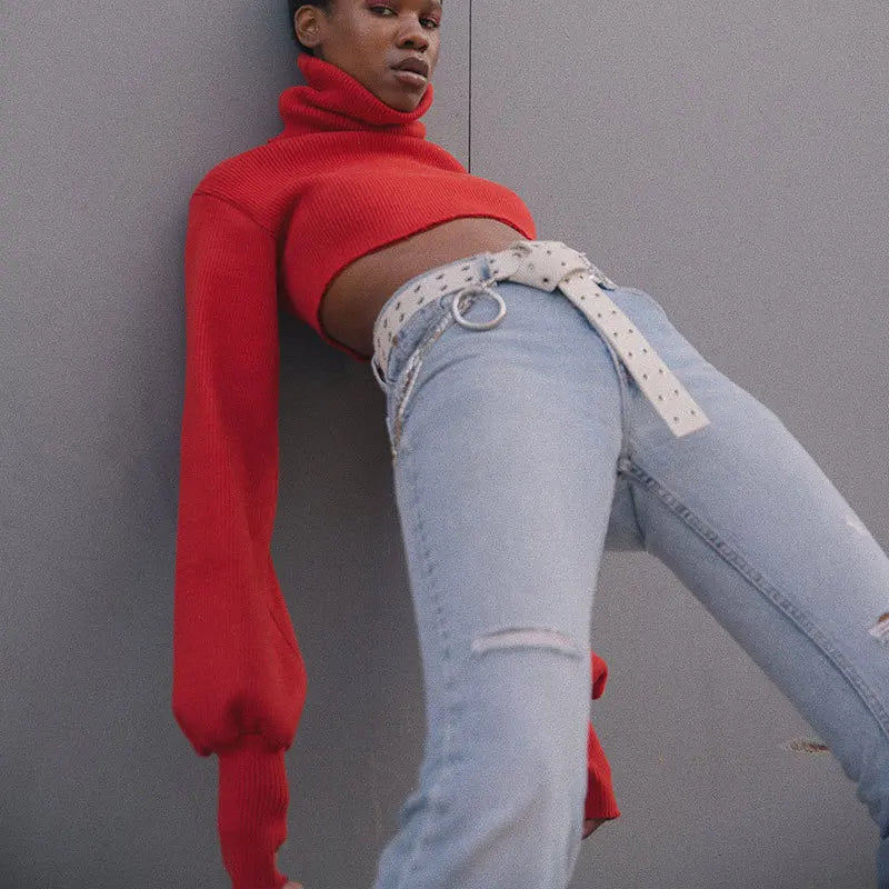 Trendy Casual Loose Sexy Fashionable Solid Turtleneck Long Sleeve Knit Crop Christmas Sweater