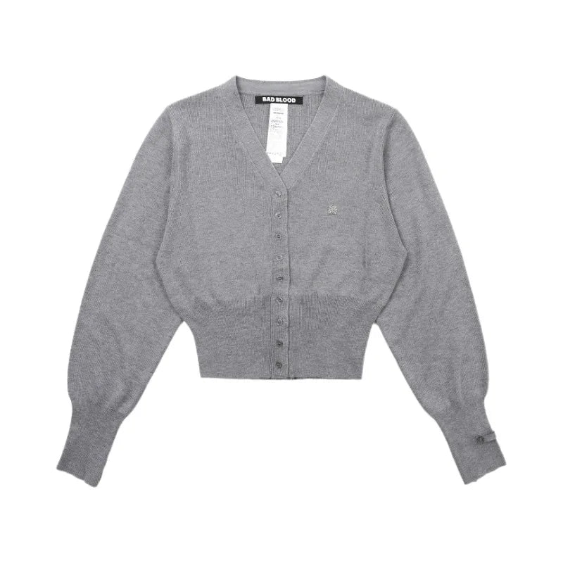 Vintage Embroidered Round Neck Cardigan Gray / S Cardigan-241208