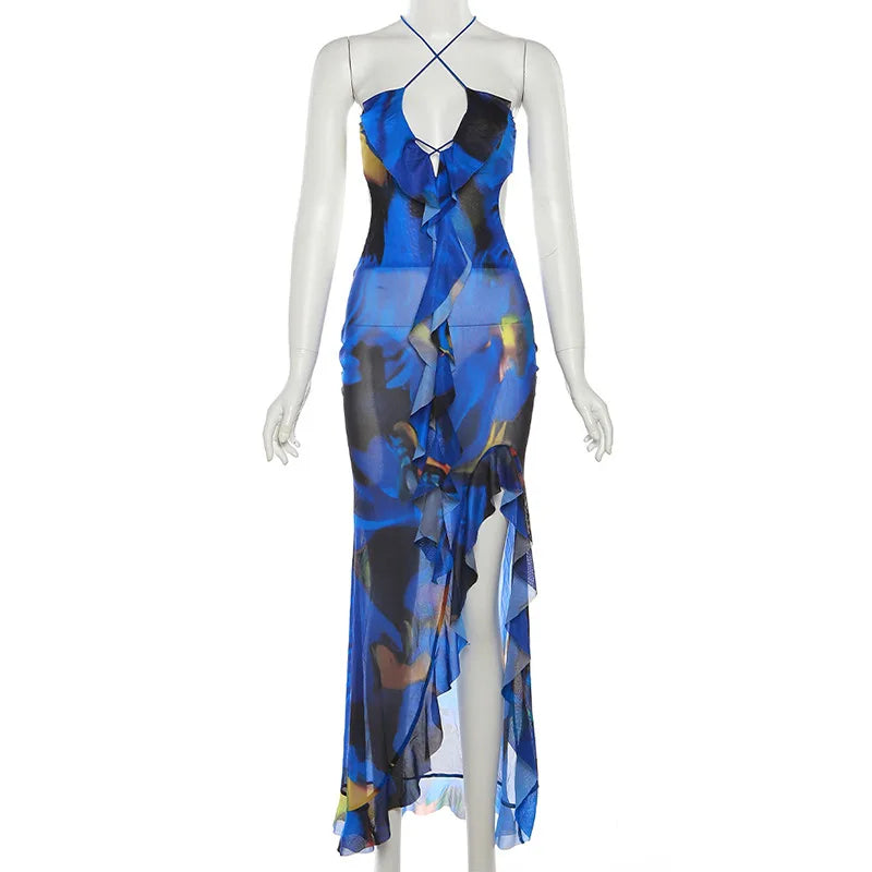 Bandage Slit Ruffle Plunge V-Neck Elegant For Women’s Club Party Print Sunsummer Midi Dress