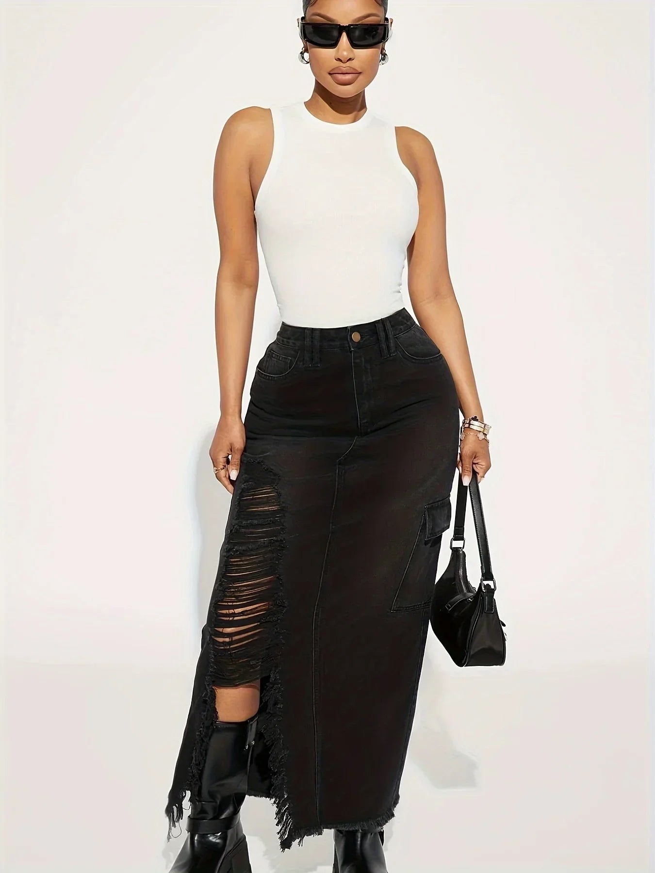 Black Flap Pockets Denim Midi Skirt Raw Hem Distressed Washed Cargo Jean