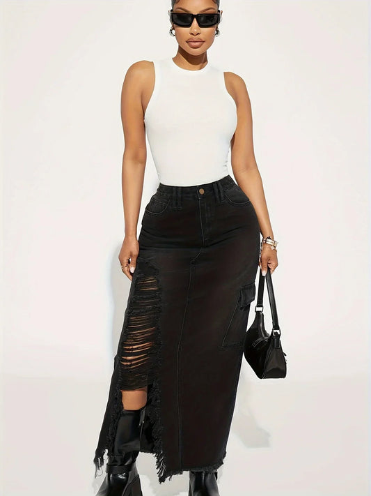 Black Flap Pockets Denim Midi Skirt Raw Hem Distressed Washed Cargo Jean