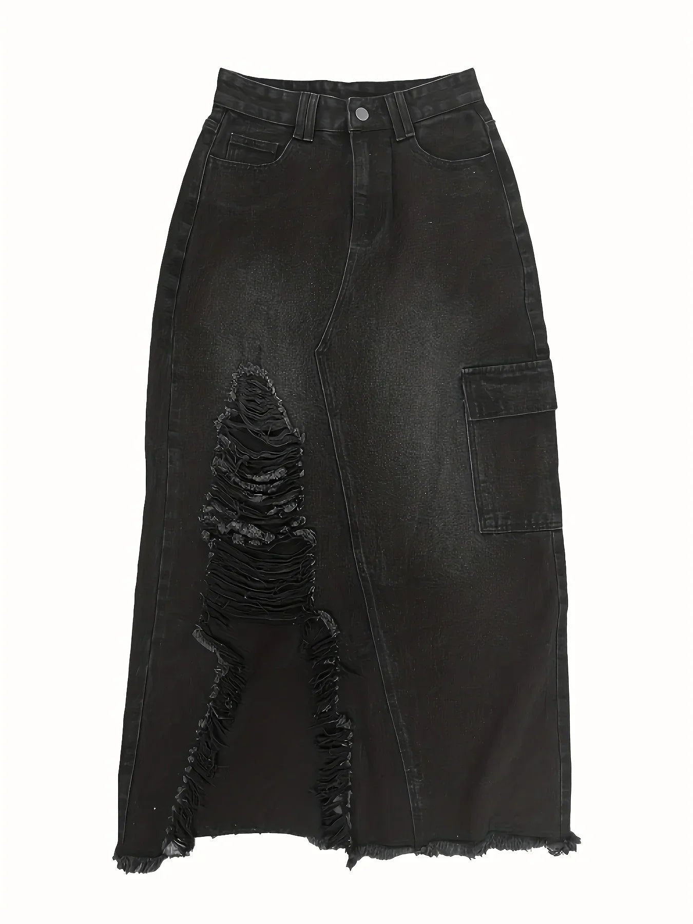Black Flap Pockets Denim Midi Skirt Raw Hem Distressed Washed Cargo Jean