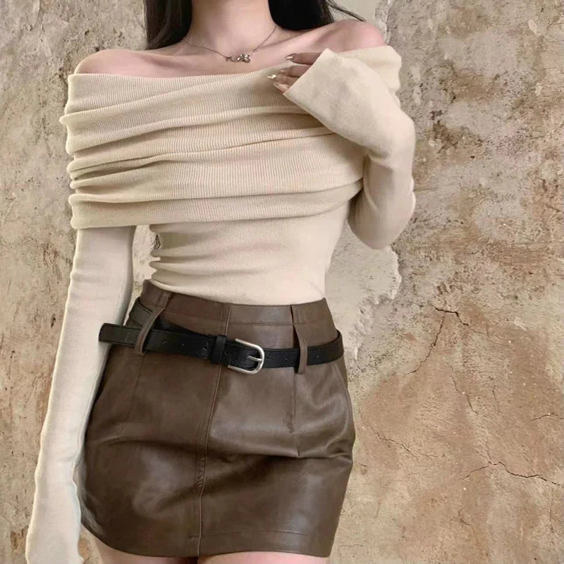 Sexy Slash Neck Pleated Knitted Sweater APRICOT / S