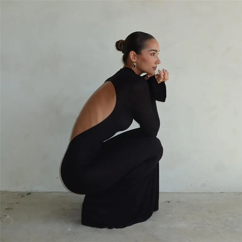 Black Turtleneck Backless Maxi For Women Elegant Evening Trumpet Sleeves 2024 Autumn Bodycon Long