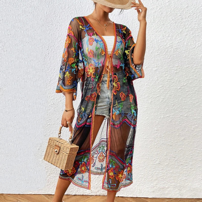 Lace Boho Bikini Beach Cover up Women Dresses Summer Floral / One Size bohocoverup-250126