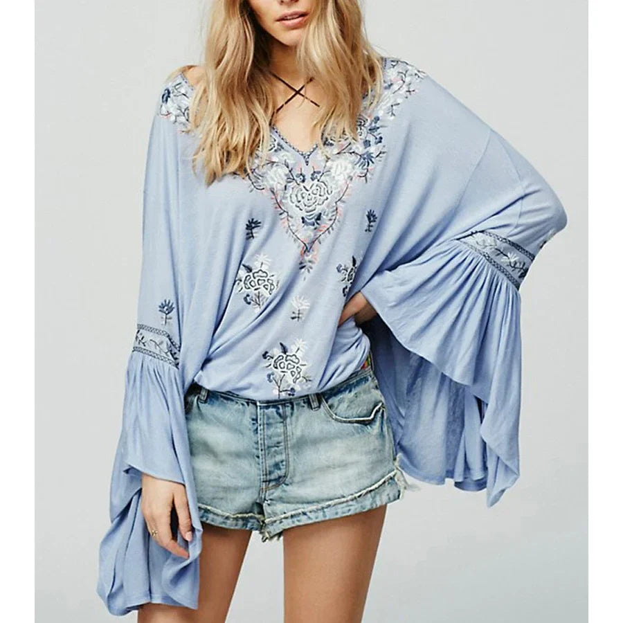 Floral Embroidered Flare Sleeve V-Neck Casual Boho Blouse bohoblouse-250126