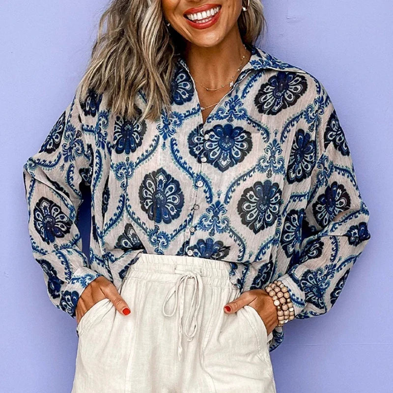Blue Floral Printed Long Sleeve V-Neck Boho Blouse bohoblouse-250126