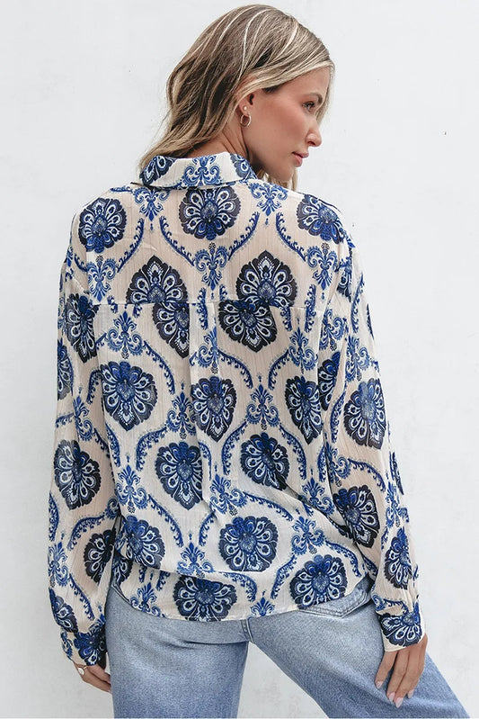 Blue Floral Printed Long Sleeve V-Neck Boho Blouse bohoblouse-250126