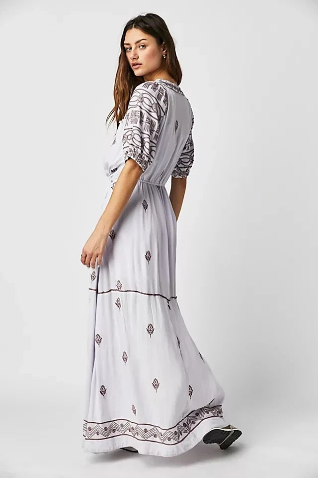 Floral Embroidery Cotton Boho Dress bohodress-250126