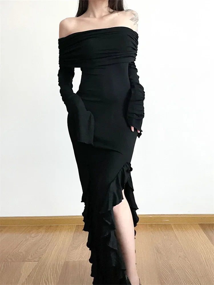 Elegant Women Slash Neck Off Shoulder Flare Sleeve Party Irregular Hem Ruffles Female Vestidos