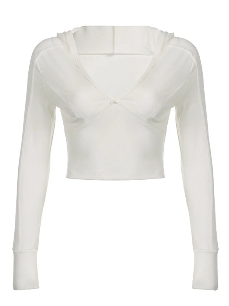 Hooded Ribbed Long Sleeve Deep V Neck Solid Color Slim Fit T-Shirts