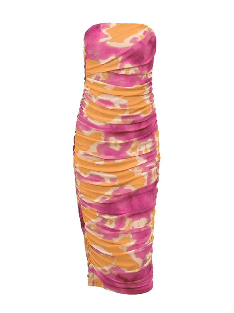Irregular Tie Dyeing Print Tube For Women Summer Beach Party Clubwear Strapless Off Shoulder Ruched