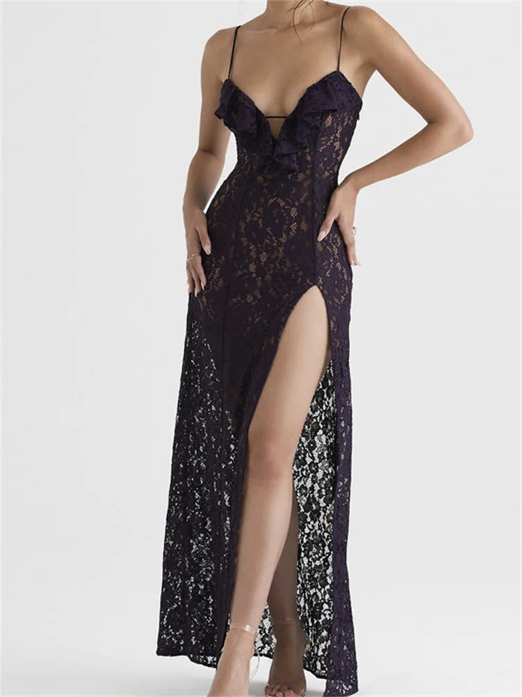 Lace Floral See Through For Women Sexy Sleeveless Strap V-Neck Ruffles Patchwork High Split Vestidos