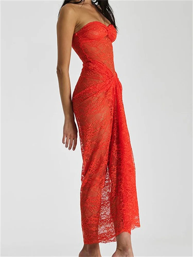 Lace Floral See Through Tube Summer Party Clubwear For Women Strapless Off Shoulder Ruched Push Up