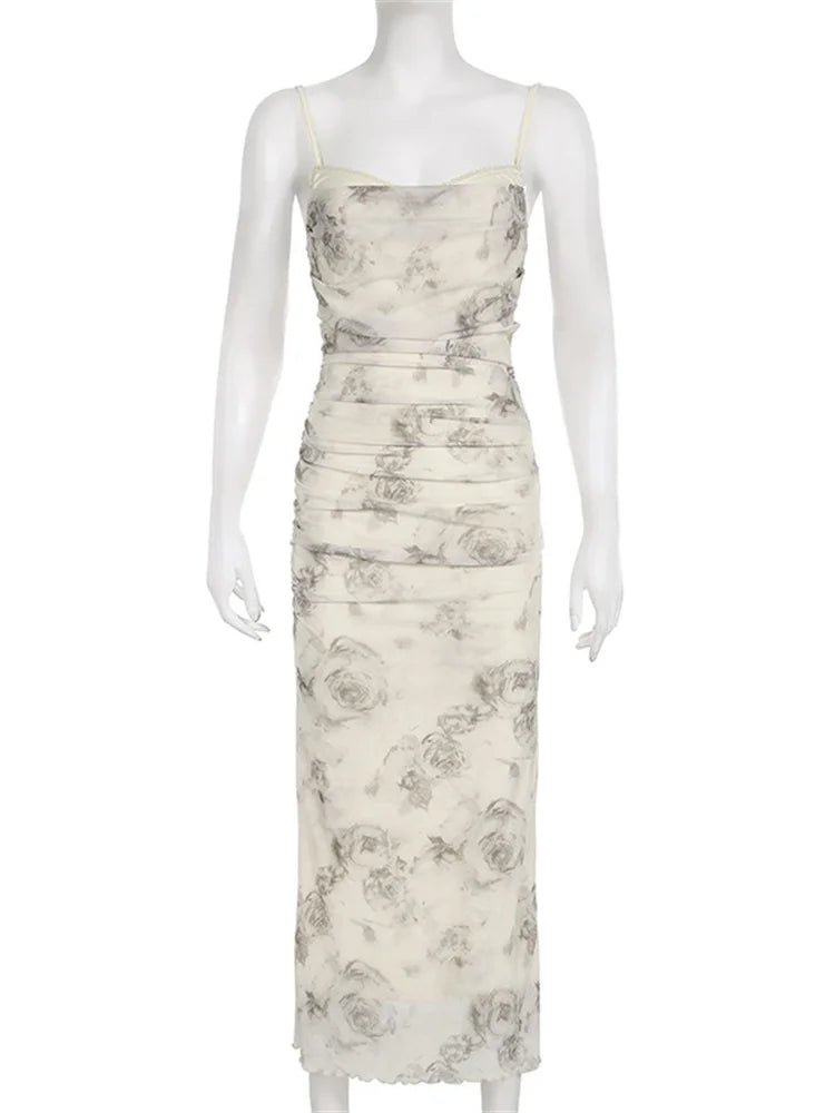Retro Floral Print For Women Sleeveless Strap V-Neck Ruched Split Summer Party Female Vestidos