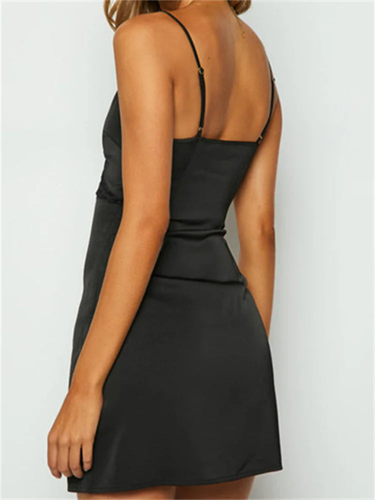 Retro Lace Patchwork V Neck Sleeveless Strap Mini Dress