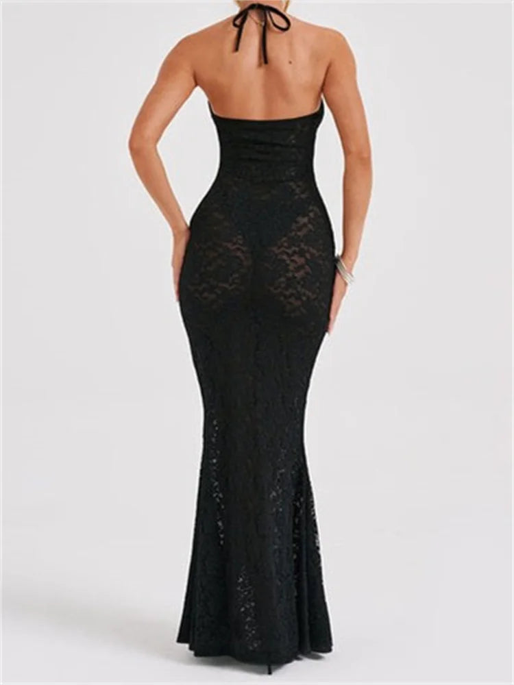 Sexy Women Lace Mesh See Through Summer Off Shoulder V-Neck Halter Black Beach Female Vestidos