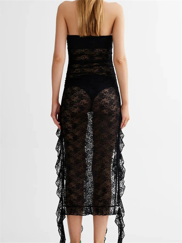 Sexy Women Lace Tube Strapless Off Shoulder Backless See Through Irregular Hem Split Tassels