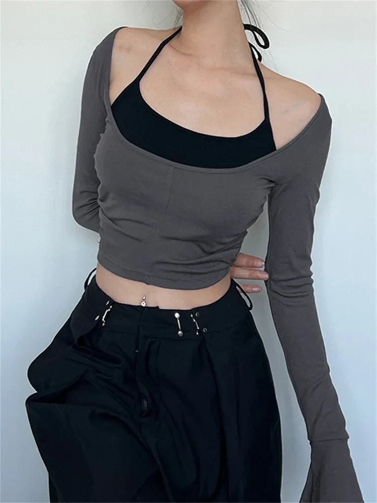 Halter Tie-Upoff Shoulder Patchwork Long Sleeve Slim Fit T-Shirts