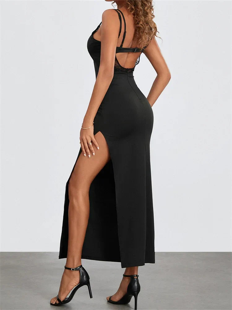 Sexy Women Summer Slim Sleeveless Lace Patchwork Low Cut Cutout Side High Split Party Vestido