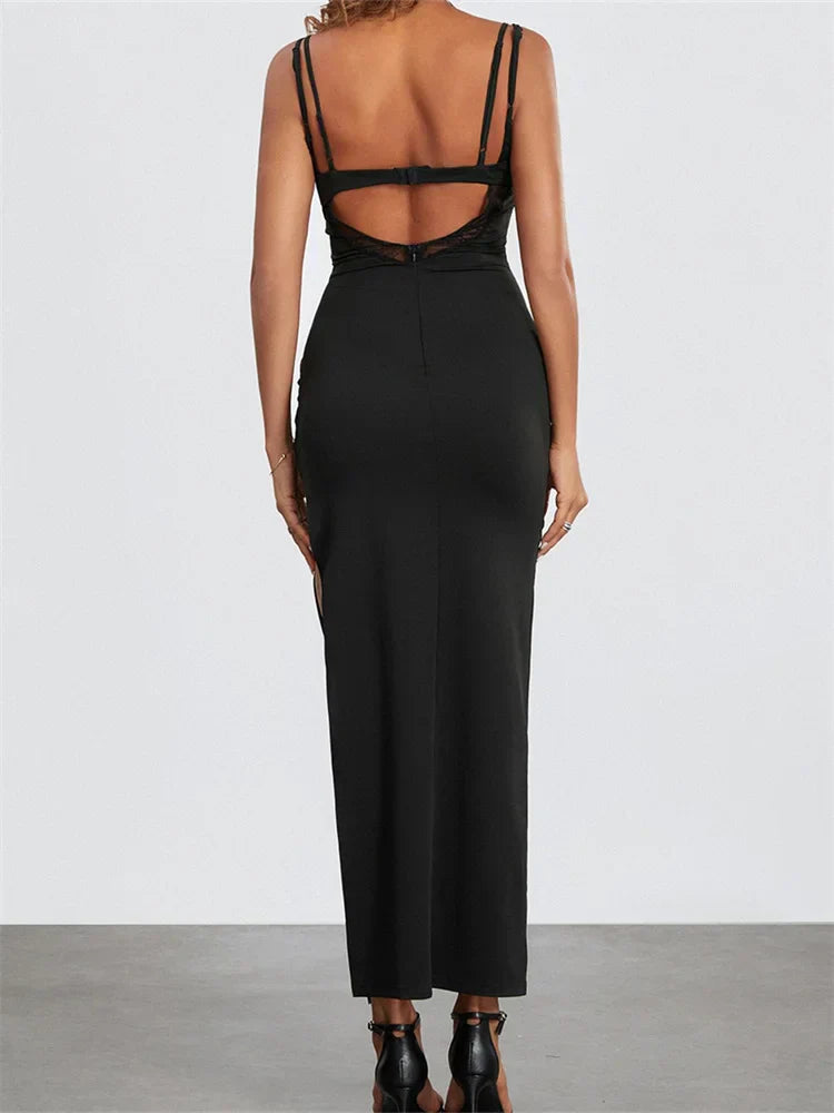 Sexy Women Summer Slim Sleeveless Lace Patchwork Low Cut Cutout Side High Split Party Vestido