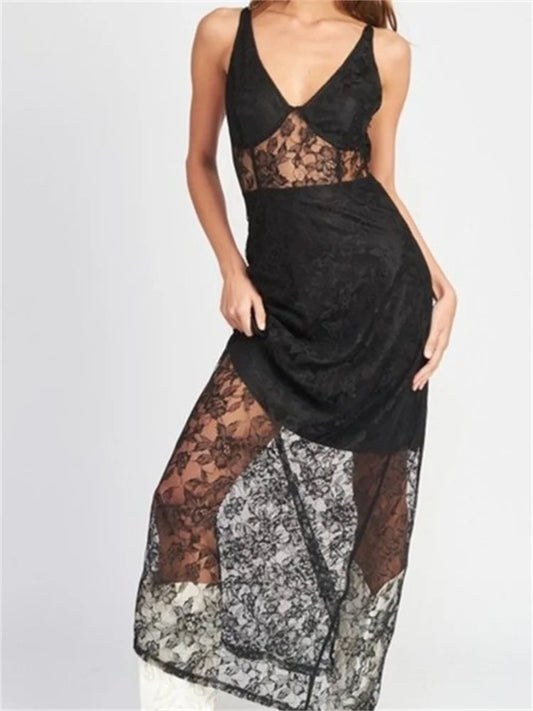 Sexy Women V Neck Sleeveless Lace Patchwork Flower Embroidery Slim Tank Summer Party Vestidos Black