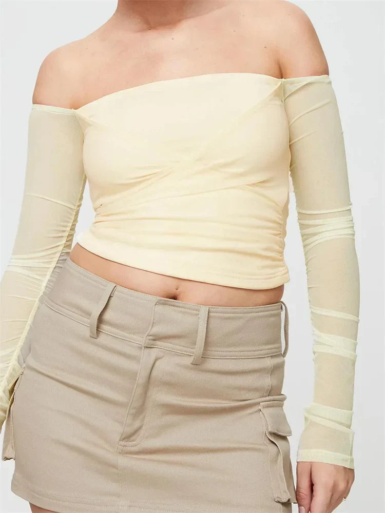 Slash Neck Off Shoulder Mesh See Through Long Sleevet-Shirts