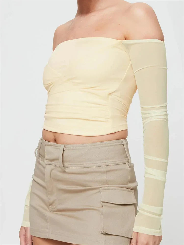 Slash Neck Off Shoulder Mesh See Through Long Sleevet-Shirts