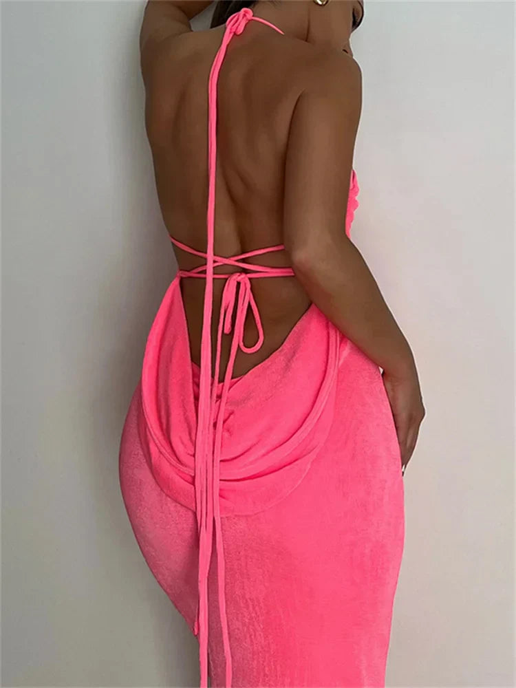 Sleeveless Backless Drawstring Hollow Out Sexy Split Summer Women Party Y2K Beach Vestidos Pink / S