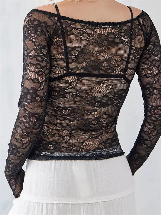 Sexy Mesh See Through V-Neck Fairy Grunge Lace T-Shirts
