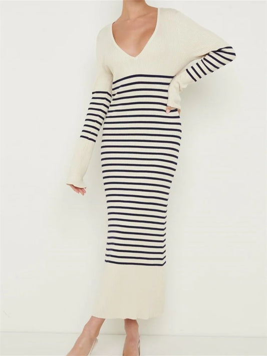 Women Knitted Sleeve Deep V Neck Striped Slim Fit Spring Autumn Female Vestidos Streetwear