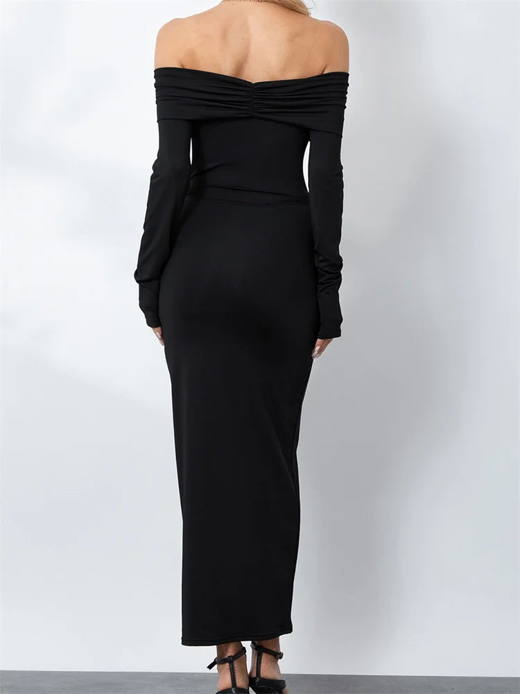Women Ruched Slash Neck Off-Shoulder Sleeve Solid Slim Fit Bodycon Cocktail Party Vestidos