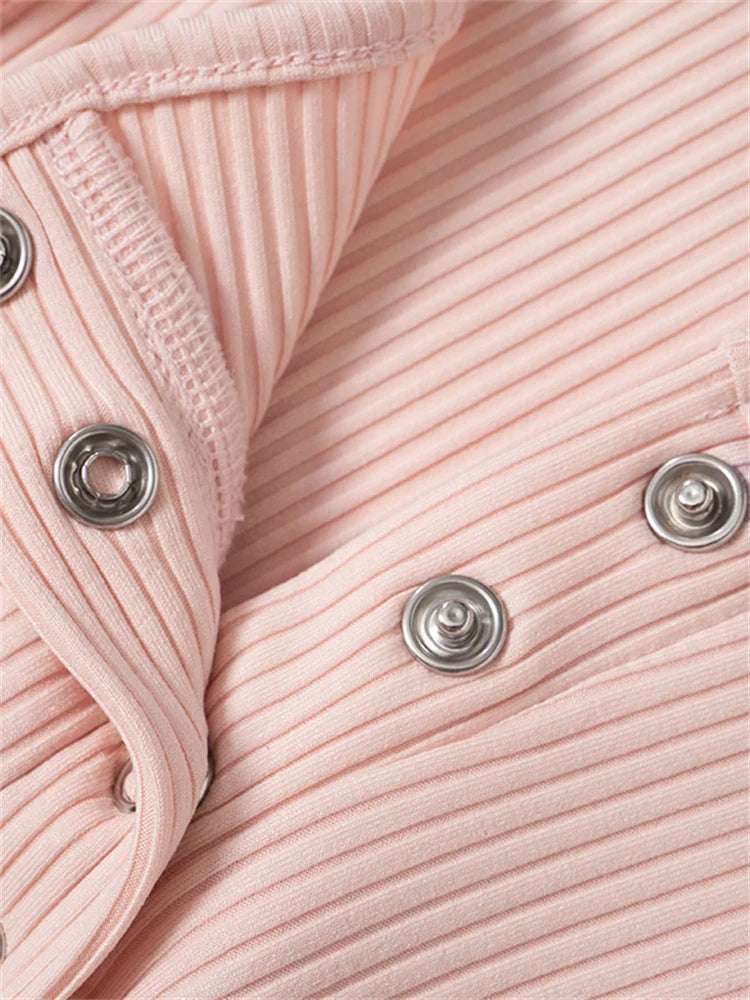 Long Sleeve Solid Color Slim Fit Ribbed Button Up T-Shirts