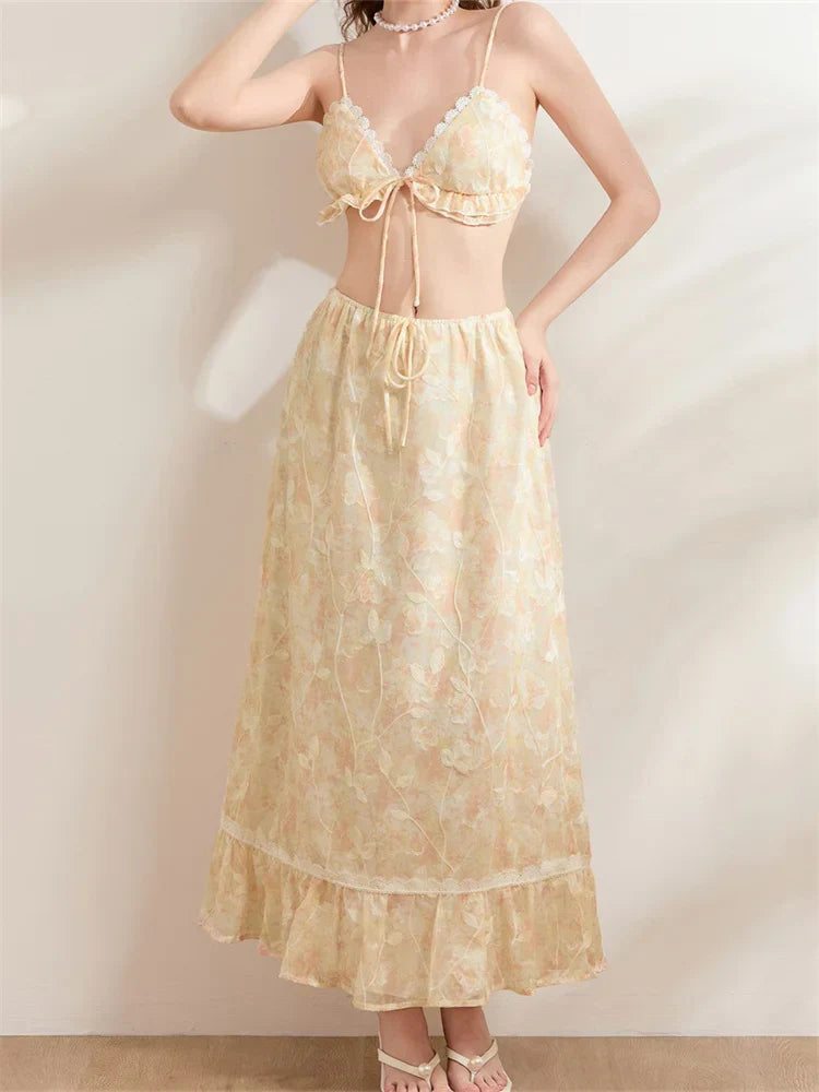 Backless Tie-up Camisoles Crop Top with Long Skirts Set skirt-250126