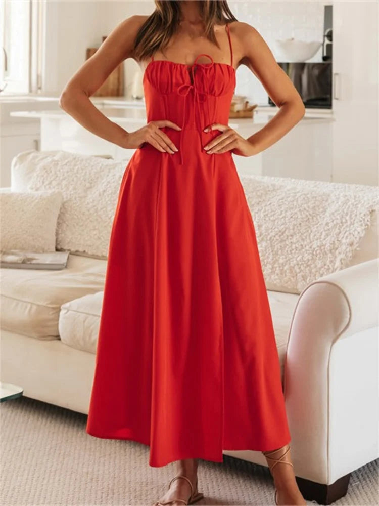 Women Sleeveless Strap Ruched Tie-Up Backless Criss-Cross Hollow Out High Split Party Beach Vestidos